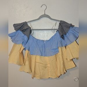 Style & Co. Gingham Ruffle Off-Shoulder Crop Top in Blue, Yellow & Black